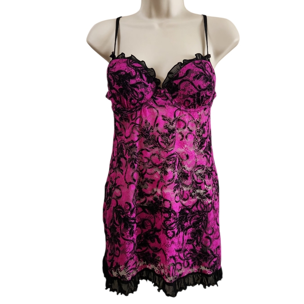 Apt. 9 Lace Trimmed Pink and Black‎ Padded Underwire Babydoll Chemise Intimate